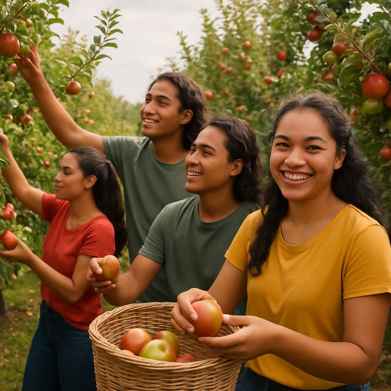 Group of young people of pacific islands descent pick apples within an Apple orchard