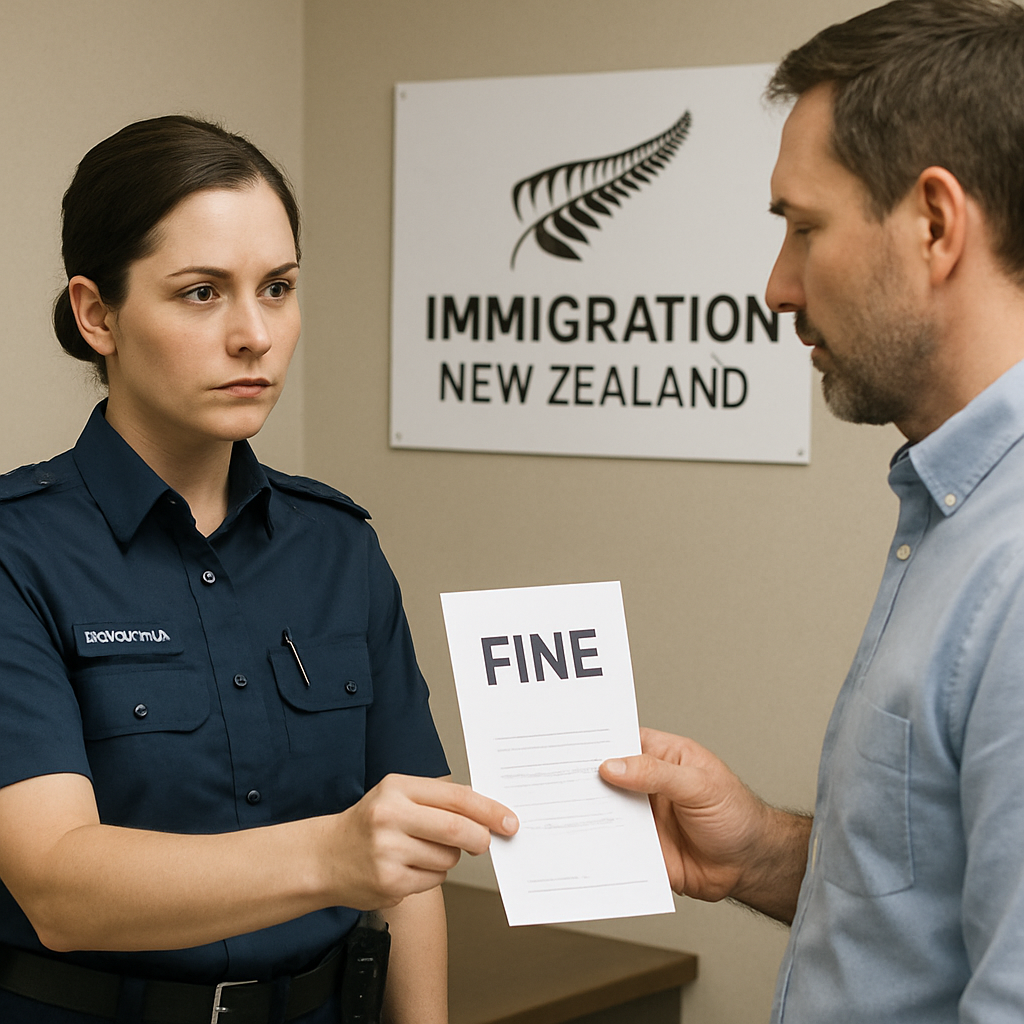 Immigration new zealand officer handing an employer a fine for breaking the law-1